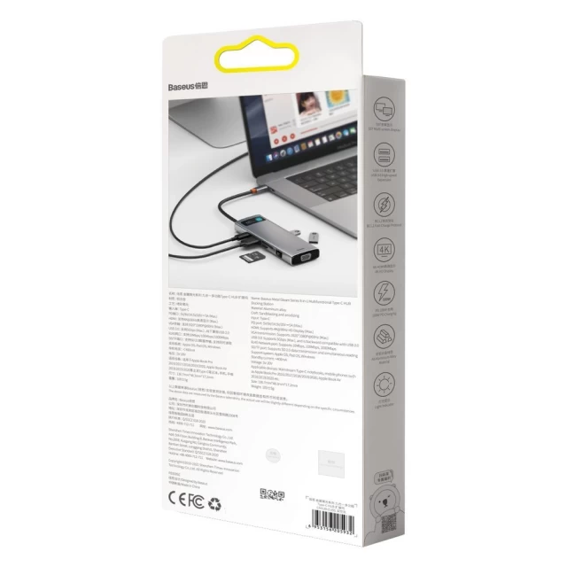 USB-хаб Baseus Metal Gleam Multifunctional 9-in-1 USB-C to 3xUSB-A/USB-C/HDMI/SD/TF/Ethernet/VGA Grey (CAHUB-CU0G)
