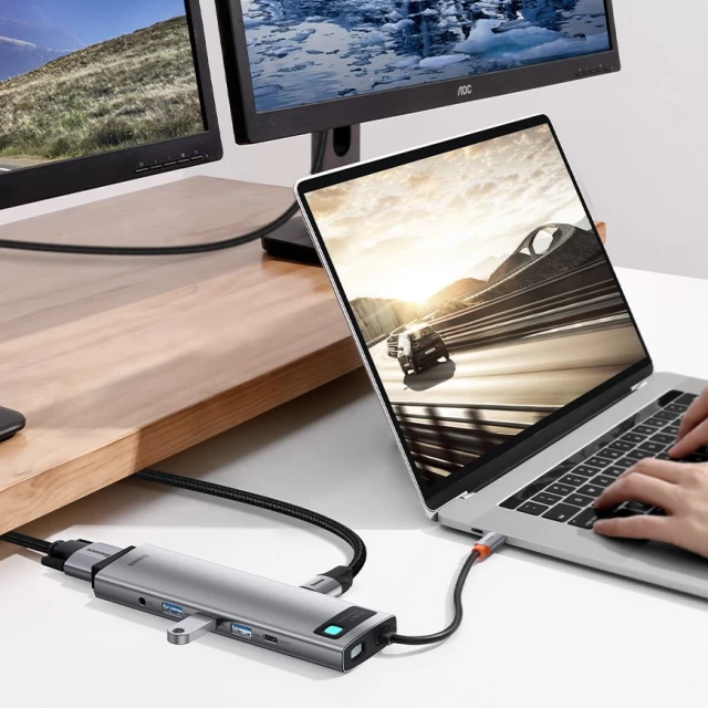 USB-хаб Baseus Metal Gleam Multifunctional 11-in-1 USB-C to 3xUSB-A/USB-C/2xHDMI/3.5 mm Jack/VGA/Ethernet/SD/TF Grey (CAHUB-CT0G)