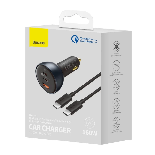 Автомобильное зарядное устройство Qualcomm Quick Charge 160W USB-A/2xUSB-C with USB-C to USB-C Cable Grey (TZCCZM-0G)