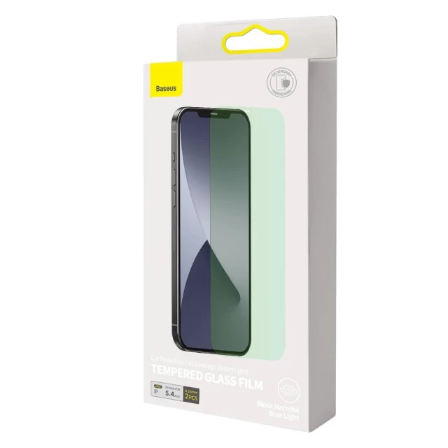 Захисне скло Baseus Eye Protection Full Coverage Light Tempered Glass Film 0.15 mm для iPhone 12 Green (2 Pack) (SGAPIPH54N-LP02)
