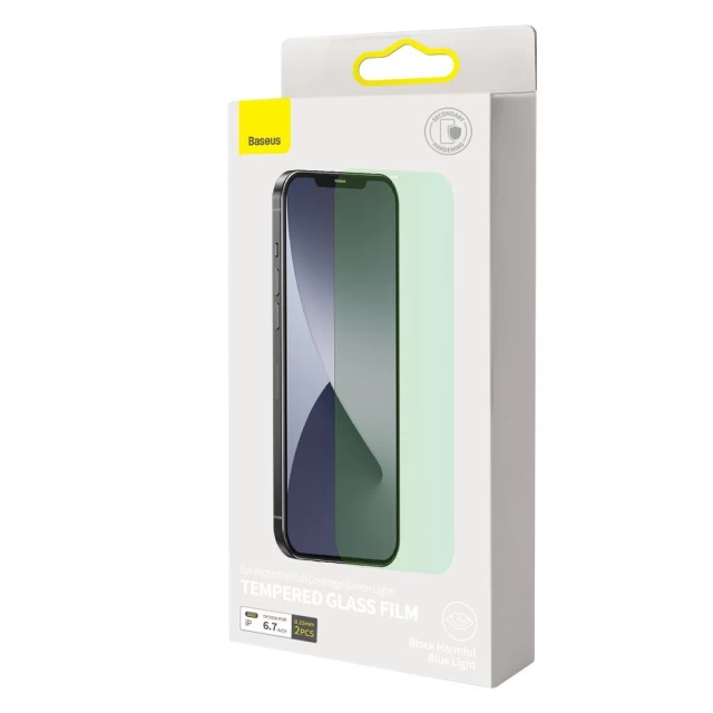 Защитное стекло Baseus Eye Protection Full Coverage Light Tempered Glass Film 0.15 mm для iPhone 12 Pro Max Green (2 Pack) (SGAPIPH67N-LQ02)