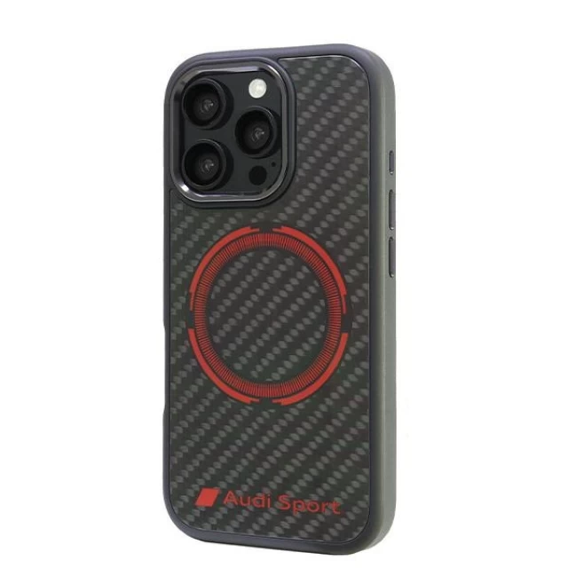 Чехол Audi Carbon Fiber Sport Red Circle для iPhone 16 Pro Black with MagSafe (AUS-TPUPCMIP16P-RSQ/D5-BK)