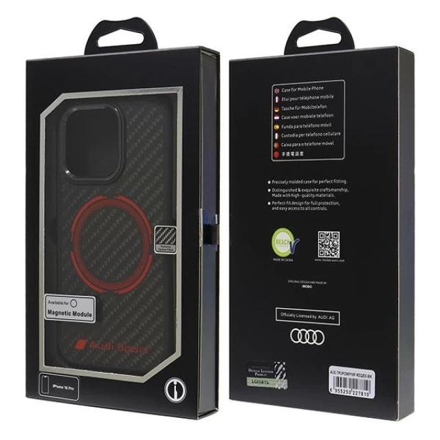 Чехол Audi Carbon Fiber Sport Red Circle для iPhone 16 Pro Black with MagSafe (AUS-TPUPCMIP16P-RSQ/D5-BK)