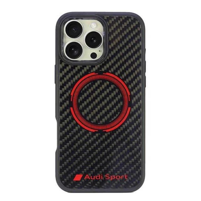 Чехол Audi Carbon Fiber Sport Red Circle для iPhone 16 Pro Max Black with MagSafe (AUS-TPUPCMIP16PM-RSQ/D5-BK)