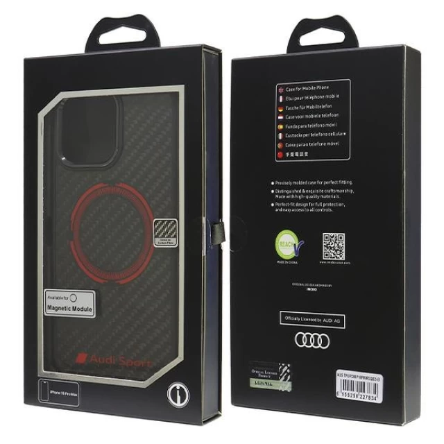 Чехол Audi Carbon Fiber Sport Red Circle для iPhone 16 Pro Max Black with MagSafe (AUS-TPUPCMIP16PM-RSQ/D5-BK)