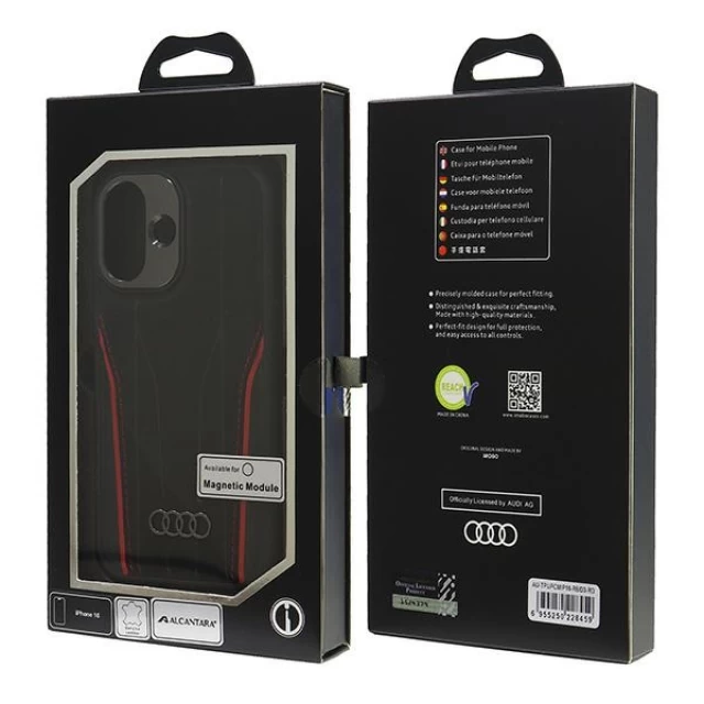 Чехол Audi Genuine Leather для iPhone 16 Black Red with MagSafe (AU-TPUPCMIP16-R8/D3-RD)