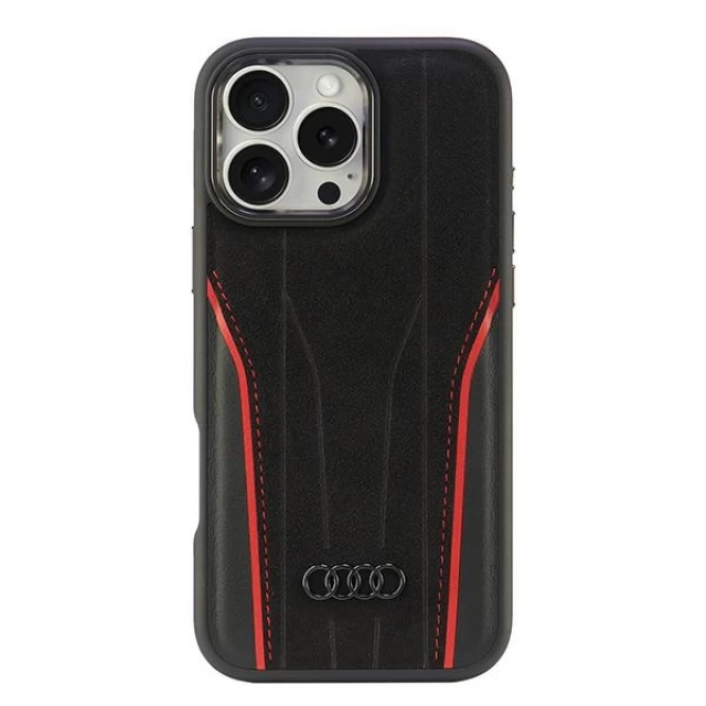 Чехол Audi Genuine Leather для iPhone 16 Pro Max Black Red with MagSafe (AU-TPUPCMIP16PM-R8/D3-RD)