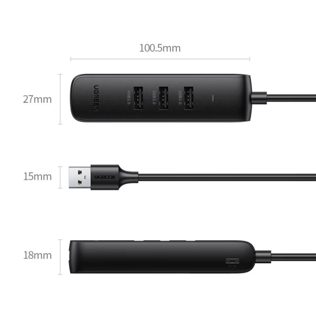 Адаптер Ugreen USB Type-C to Ethernet RJ45/3x USB-A Black (UGR1222BLK)