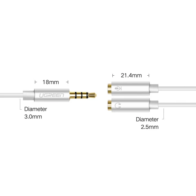 Кабель Ugreen Headphone Splitter 3.5 mm Mini Jack/AUX (Microphone + Stereo Output) 20cm Silver (6957303836192)