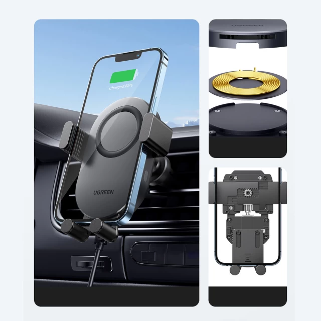 Автодержатель с функцией беспроводной зарядки Ugreen Car Qi Wireless Charger 15W Car Phone Holder Black (UGR1208SLV)
