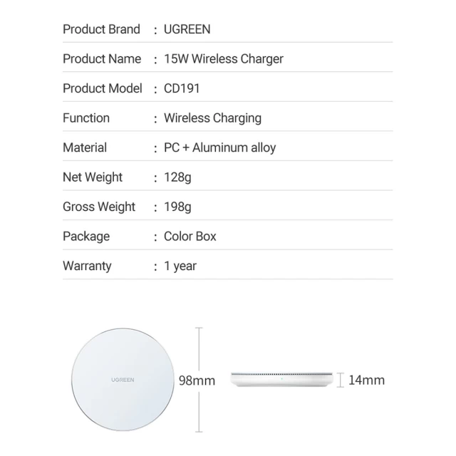 Беспроводное зарядное устройство Ugreen Charger Wireless 15W White (UGR1312WHT)
