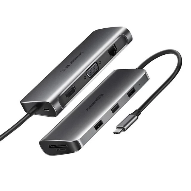USB-хаб Ugreen CM179 9-in-1 USB-C to 3xUSB-A/HDMI 4K/USB-C/RJ45/VGA/SD/MicroSD Grey (40873)