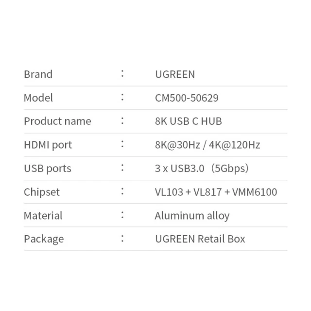 USB-хаб Ugreen 4-in-1 USB Type-C to 3x USB-A 3.2 Gen 1/HDMI 2.1 8K 30Hz Gray (UGR1213GRY)