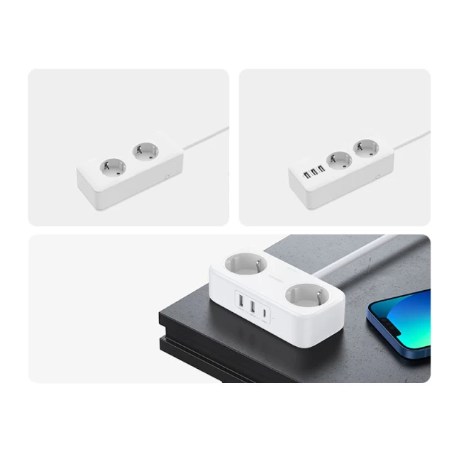 ¶Мережевий подовжувач Ugreen 2x USB-А/1x USB-C Ports White (UGR1231WHT)