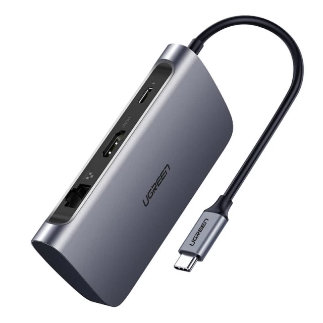 USB-хаб Ugreen CM212 7-in-1 USB-C to 2xUSB-A/USB-C/HDMI 4K/RJ45/SD/TF 100W Grey (50852)