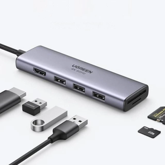USB-хаб Ugreen 5-in-1 USB Type-C to 3x USB 3.2 Gen 1/HDMI 4K 60Hz/SD/TF Gray (UGR1078GRY)