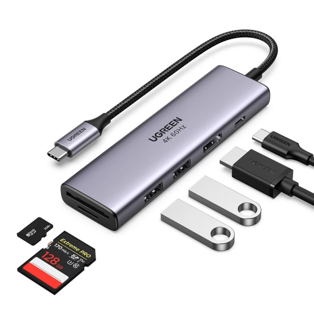 USB-хаб Ugreen 5-in-1 USB Type-C to 2x USB 3.2 Gen 1/HDMI 4K 60Hz/SD/TF/USB Type-C 100W Gray (UGR1064GRY)