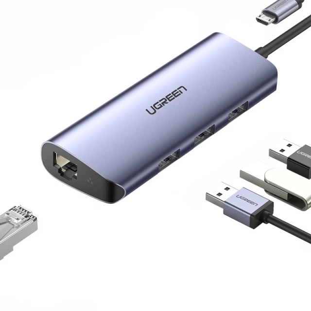 USB-хаб Ugreen USB Type-C to 3x USB-A/Ethernet RJ-45/micro USB Gray (UGR1299GRY)