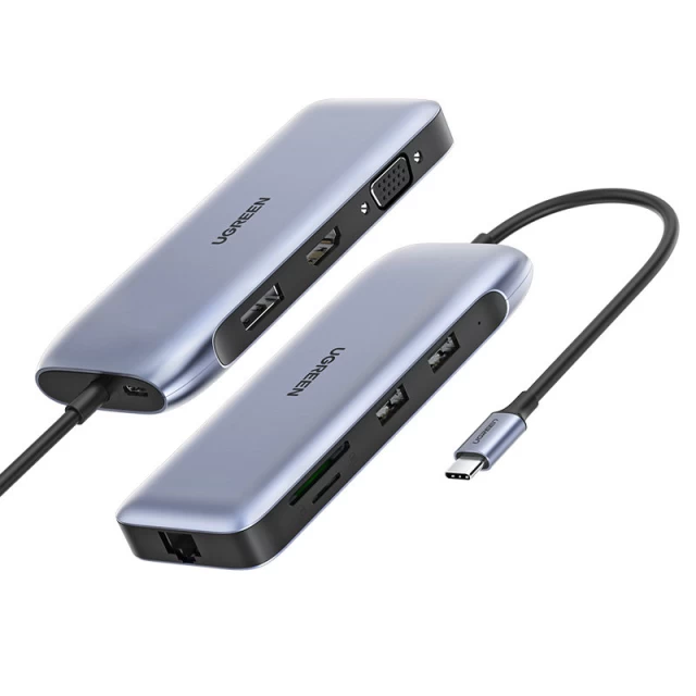USB-хаб Ugreen 9-in-1 USB Type-C to HDMI/DP/VGA/2x USB-A/RJ45 Ethernet/SD/TF/USB Type-C 100W Gray (UGR1413)