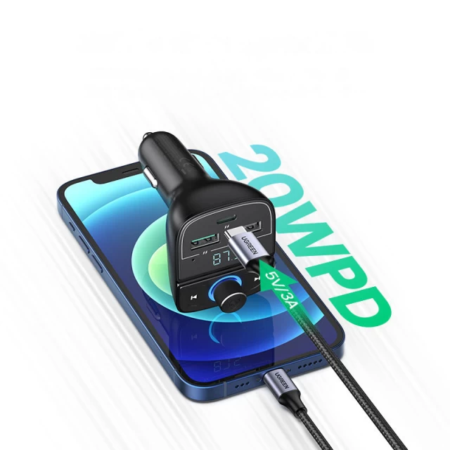 Автомобильное зарядное устройство Ugreen FM Transmitter 4.8 A MP3 car charger 2x USB-A/USB Type-C/TF/micro SD Black (UGR997BLK)