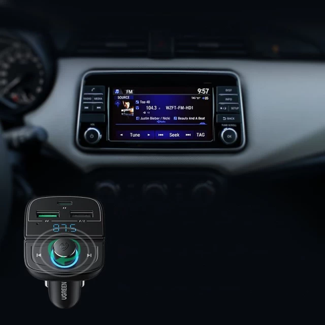 Автомобільний зарядний пристрій Ugreen FM Transmitter 4.8 A MP3 car charger 2x USB-A/USB Type-C/TF/micro SD Black (UGR997BLK)