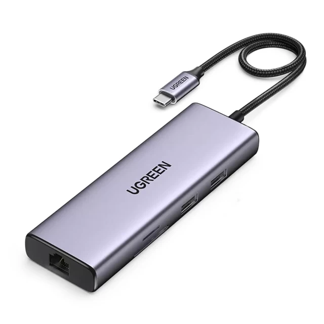 USB-хаб Ugreen 9-in-1 Multi-Functional USB Type-C to 2x USB 3.2 Gen 1/1x USB 2.0/2x HDMI 4K 60Hz/SD/TF/USB Type-C 100W/Ethernet RJ45 Gray (UGR1409)