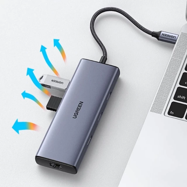 USB-хаб Ugreen 9-in-1 Multi-Functional USB Type-C to 2x USB 3.2 Gen 1/1x USB 2.0/2x HDMI 4K 60Hz/SD/TF/USB Type-C 100W/Ethernet RJ45 Gray (UGR1409)