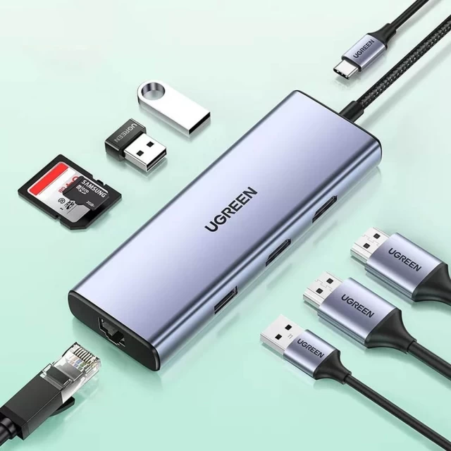 USB-хаб Ugreen 9-in-1 Multi-Functional USB Type-C to 2x USB 3.2 Gen 1/1x USB 2.0/2x HDMI 4K 60Hz/SD/TF/USB Type-C 100W/Ethernet RJ45 Gray (UGR1409)