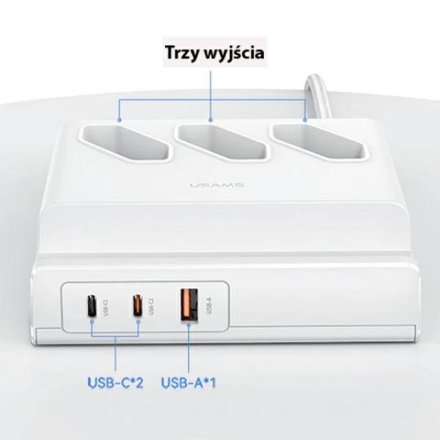 Мережевий подовжувач Usams CC160 65W Super Si FC USB Extension Socket EU 2xUSB-C | USB-A | 3x220V White (CC160TC01)