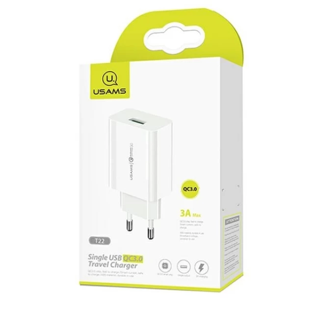 Сетевое зарядное устройство Usams T22 QC 18W USB-A White with USB-A to USB-C Cable (T48OCLN01)