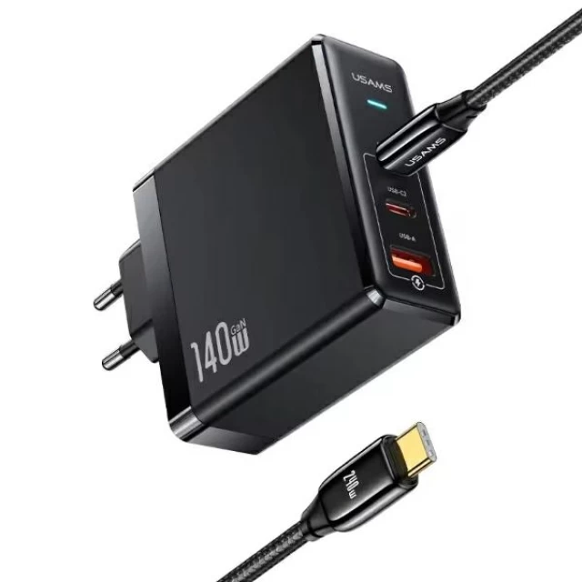 Сетевое зарядное устройство Usams UM Series FC/PD 140W 2xUSB-C | USB-A with USB-C to USB-C Cable Black (UMXLOGTC01)