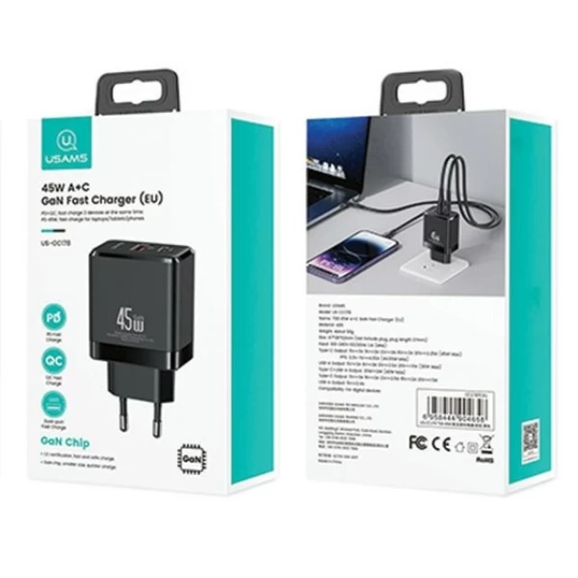 Мережевий зарядний пристрій Usams US-CC178 GaN PD/QC 45W USB-C | USB-A Black (CC178TC01)