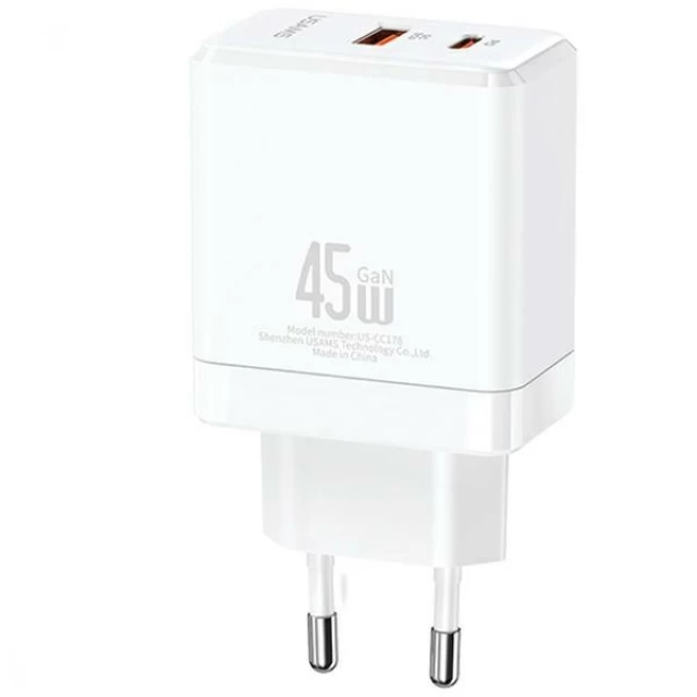 Мережевий зарядний пристрій Usams US-CC178 GaN PD/QC 45W USB-C | USB-A White (CC178TC02)