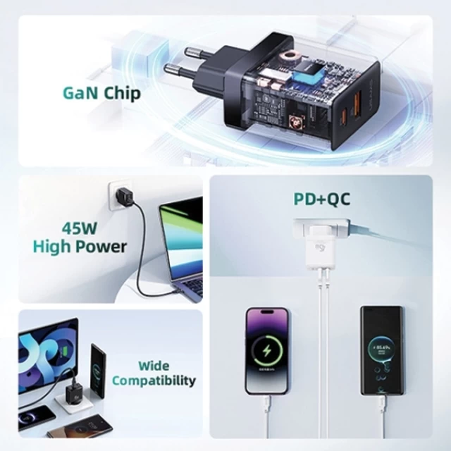 Мережевий зарядний пристрій Usams US-CC178 GaN PD/QC 45W USB-C | USB-A White (CC178TC02)