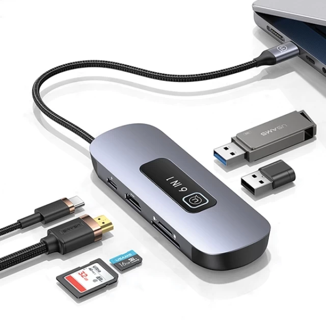 USB-хаб Usams SJ642 PD 100W 6-in1 USB-C to 2xUSB-A 3.0 | TF | SD | USB-C | HDMI Tarnish (SJ642HUB01)