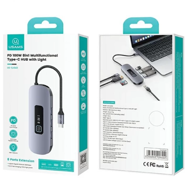 USB-хаб Usams SJ643 PD 100W 8-in1 USB-C to 3xUSB-A 3.0 | TF | SD | USB-C | HDMI | RJ45 Tarnish (SJ643HUB01)