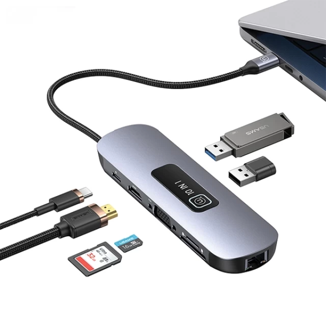 USB-хаб Usams SJ644 PD 100W 10-in1 USB-C to 3xUSB-A 3.0 | USB-A 2.0 | TS | SD | USB-C | HDMI | RJ45 | VGA Tarnish (SJ644HUB01)