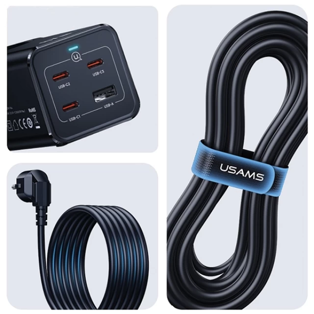 Сетевой удлинитель Usams CC225 67W FC Extension Cable EU 3xUSB-C | USB-A | 220V Black (CC225TC01)