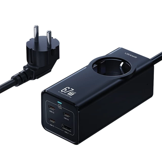 Сетевой удлинитель Usams CC225 67W FC Extension Cable EU 3xUSB-C | USB-A | 220V Black (CC225TC01)
