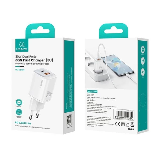 Мережевий зарядний пристрій Usams HC Series FC 30W USB-C | USB-A White (CC254TC02)