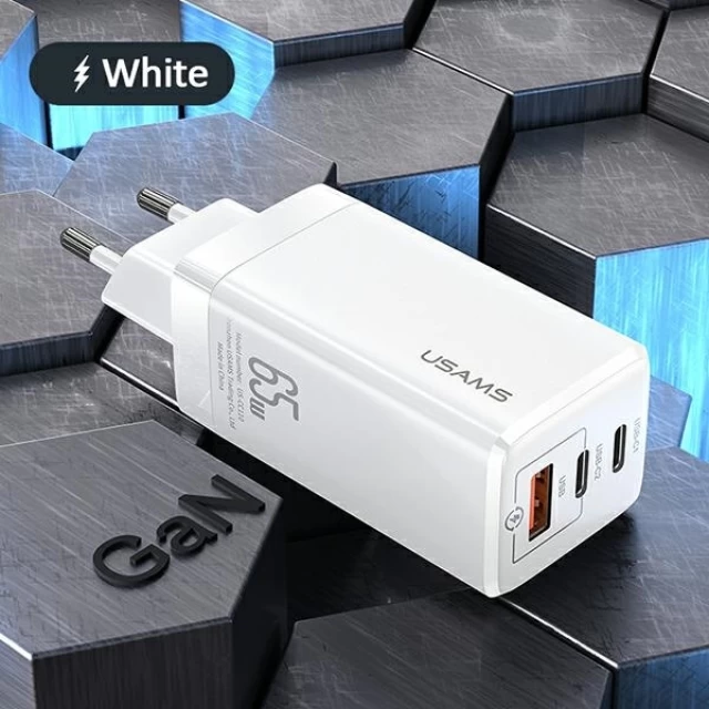 Мережевий зарядний пристрій Usams US-CC110 T33 GaN PD/FC/QC 65W 2xUSB-C | USB-A White (CC110TC02)