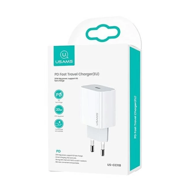 Мережевий зарядний пристрій Usams US-CC118 T34 PD/QC 20W USB-C White (CC118TC01)