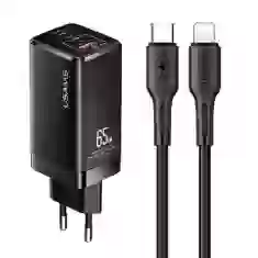 Сетевое зарядное устройство Usams T33 GaN PD/FC/QC 65W 2xUSB-C | USB-A Black with USB-C to Lightning Cable (MTXLOGTL01)