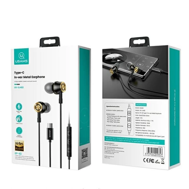 Навушники Usams EP-43 Stereo Earphones Metal with USB-C cable Black (HSEP4301)