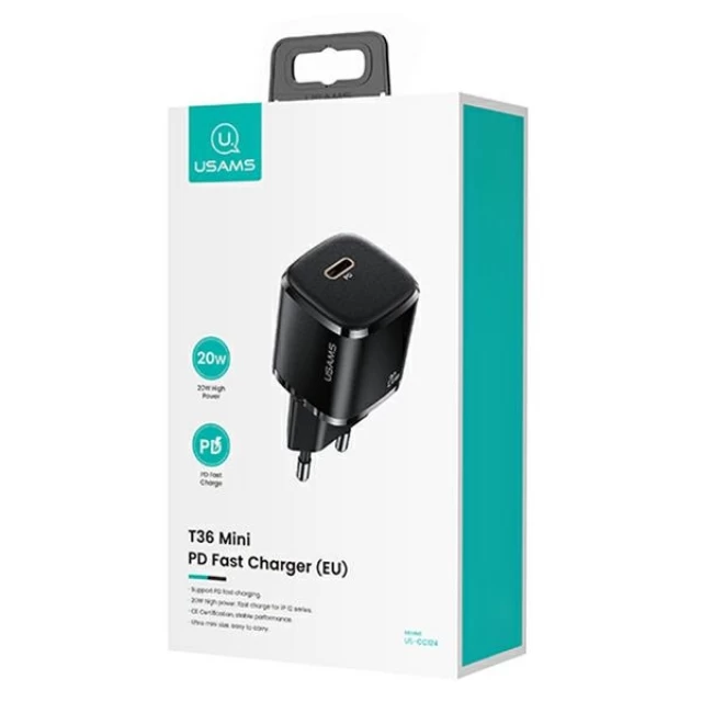 Мережевий зарядний пристрій Usams T36 mini PD 20W USB-C Black with USB-C to Lightning Cable (XFKXLOGTL01)