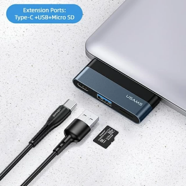USB-хаб Usams SJ491 3-in-1 USB-C to USB-A 3.0 | USB-C | TF Grey (SJ491HUB01)