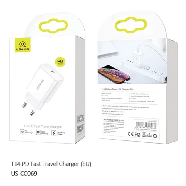 Мережевий зарядний пристрій Usams T14 FC/PD 18W USB-C White (CC69TC01)