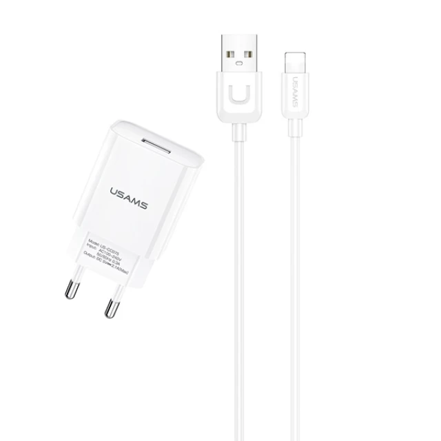 Сетевое зарядное устройство Usams T21 2.1A USB-A White with USB-A to Lightning Cable (T21OCLN01)