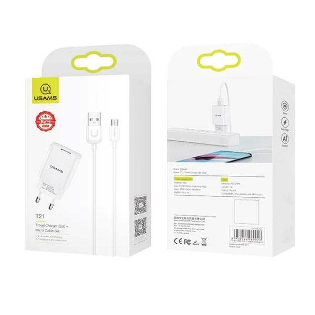 Сетевое зарядное устройство Usams T21 2.1A USB-A White with USB-A to micro USB Cable (T21OCMC01)