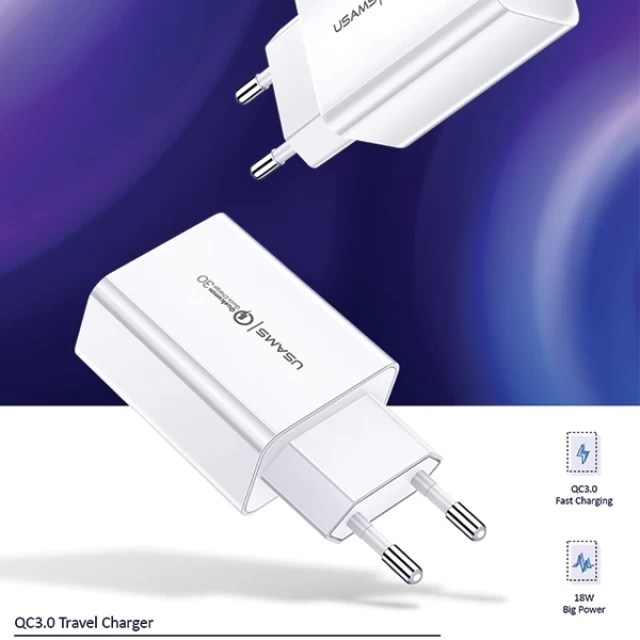 Мережевий зарядний пристрій Usams US-CC083 T22 QC 18W USB-A White (CC83TC01)